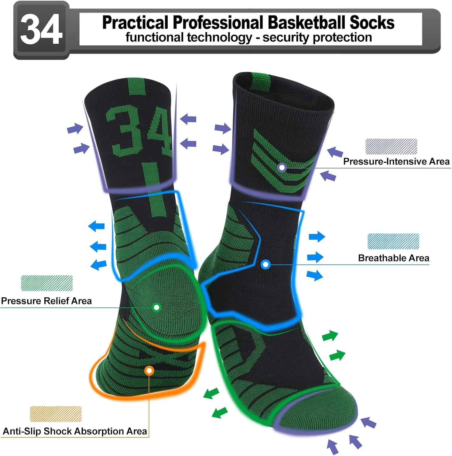 2-Pairs Basketball-Socks-for-Men & Boys, Basketball Team Lucky Number Sports-Star-Socks for Child & Adult