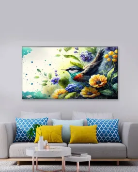 Adorable Bird with Flowers Illustration Floating Frame Wall Art Painting | 24 x 12 inches , 36 x 18 inches & 48 x 24 inches