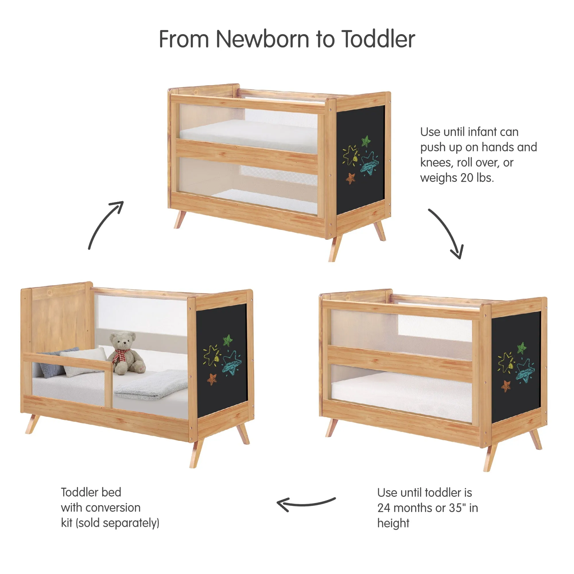 BreathableBaby Mesh 3-in-1 Convertible Crib - Beech   Chalkboard