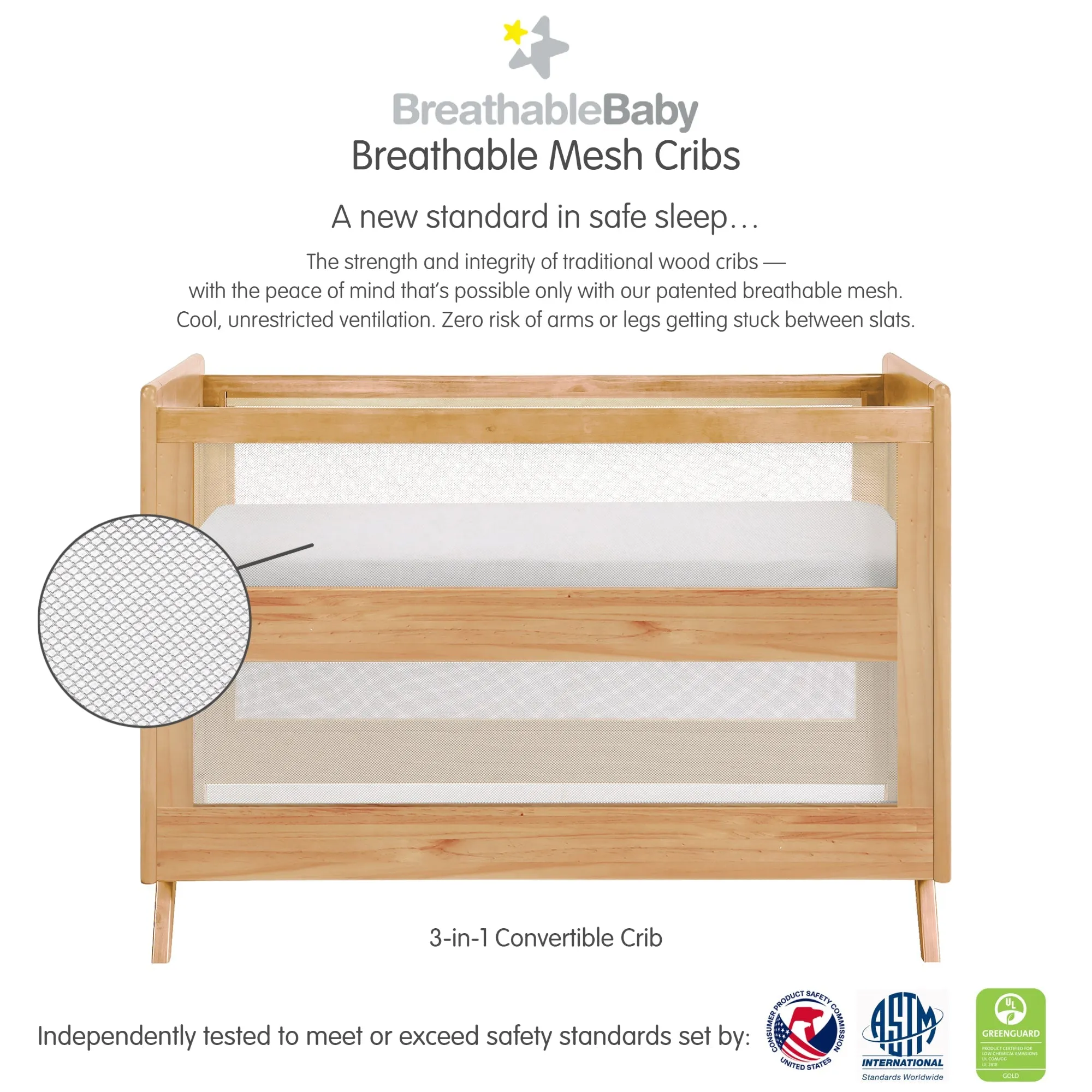 BreathableBaby Mesh 3-in-1 Convertible Crib - Beech   Chalkboard