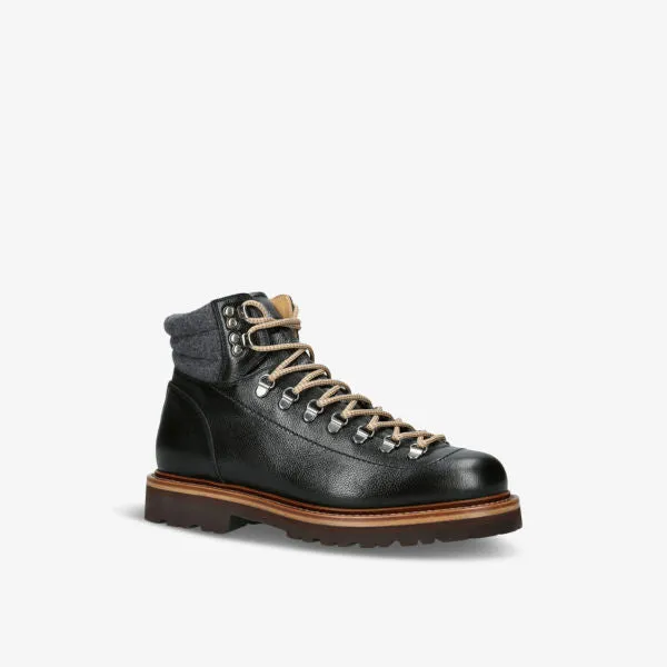 Brunello Cucinelli Leather Hiking Boots with Thick Soles and Tonal Stitching, Black