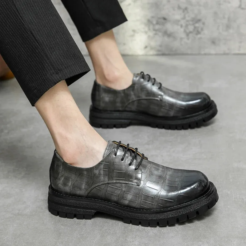 Hnzxzm Grey Thick Soled Men's Leather Shoes Fashionable Minimalist Gentleman Style Leisure Trend Nightclub Party Adult Casual Shoes