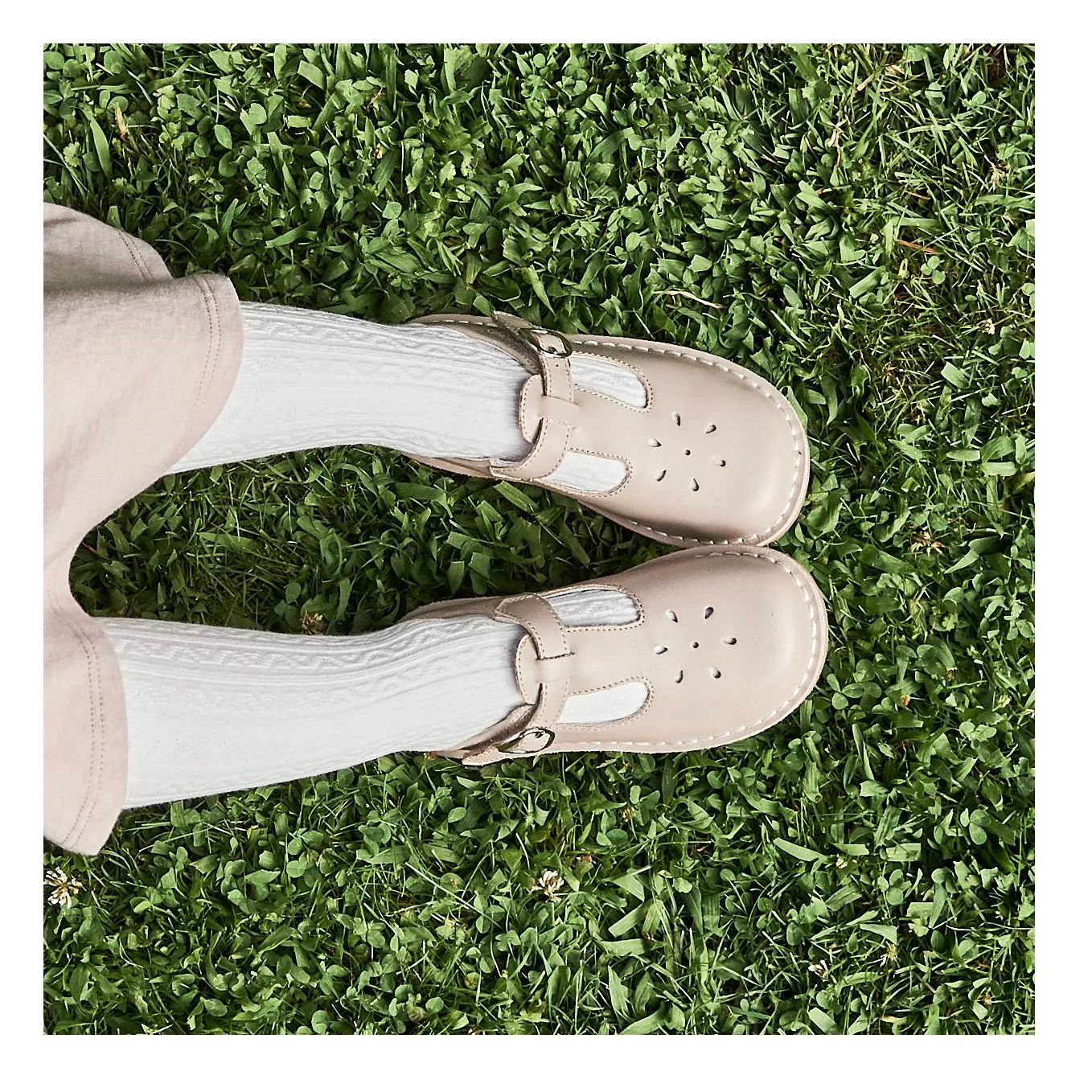 L'amour Joy Classic Leather Stitch Down T-Strap Mary Jane - Almond