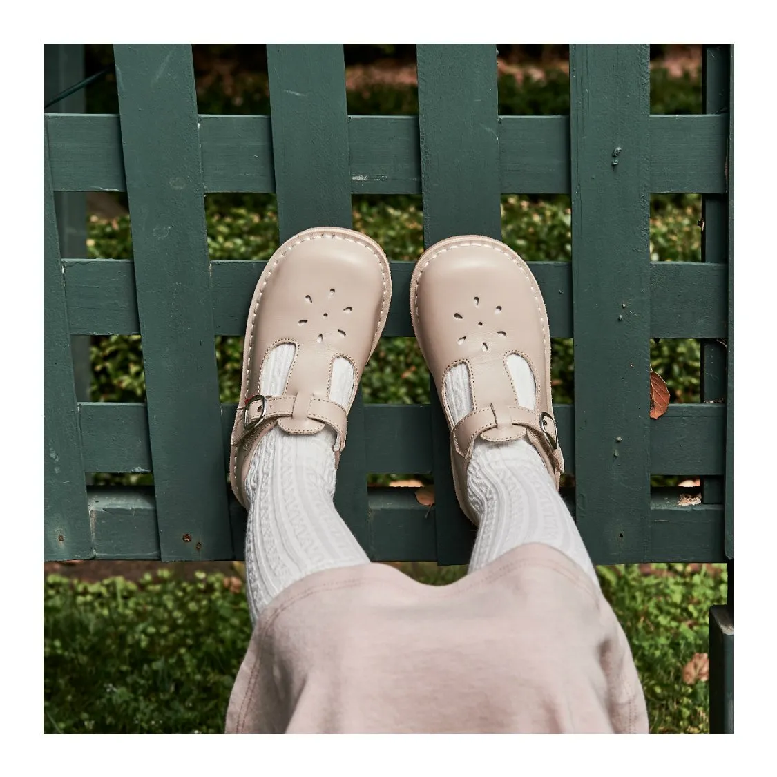 L'amour Joy Classic Leather Stitch Down T-Strap Mary Jane - Almond