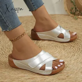 Large Size Casual One-legged Stitching Velcro Slippers 24 Wedge Heel Thick-soled Slippers for Women Summer European and American