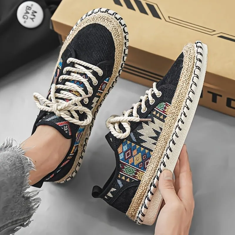 Men's Trendy Ethnic Style Low Top Skateboard Shoes, Comfy Non Slip Breathable Lace Up Sneakers for Men's Outdoor Activities