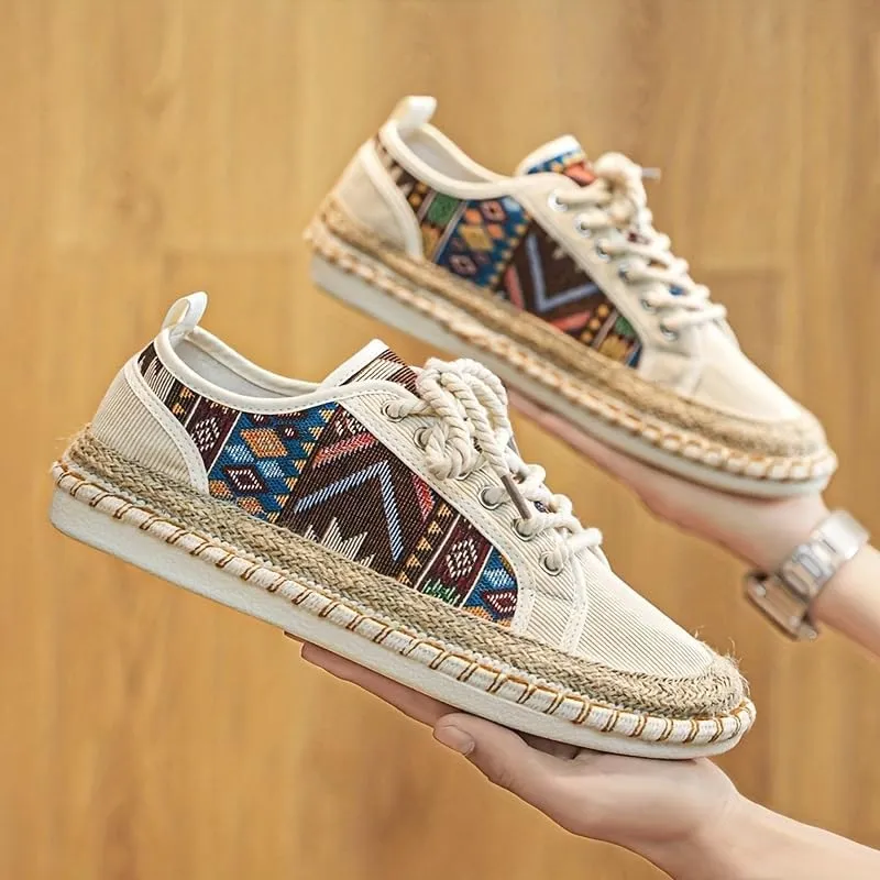 Men's Trendy Ethnic Style Low Top Skateboard Shoes, Comfy Non Slip Breathable Lace Up Sneakers for Men's Outdoor Activities