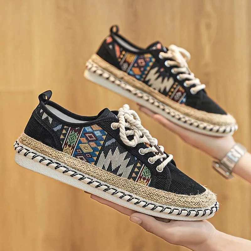 Men's Trendy Ethnic Style Low Top Skateboard Shoes, Comfy Non Slip Breathable Lace Up Sneakers for Men's Outdoor Activities
