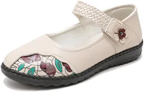 Women's Casual Leatehr Embroidery Mary Jane Flats Shoes,Comfort Round Toe Woven Hook & Loop Soft-Soled Walking Shoes,Lightweight Breathable Lug Sole Dance Shoes