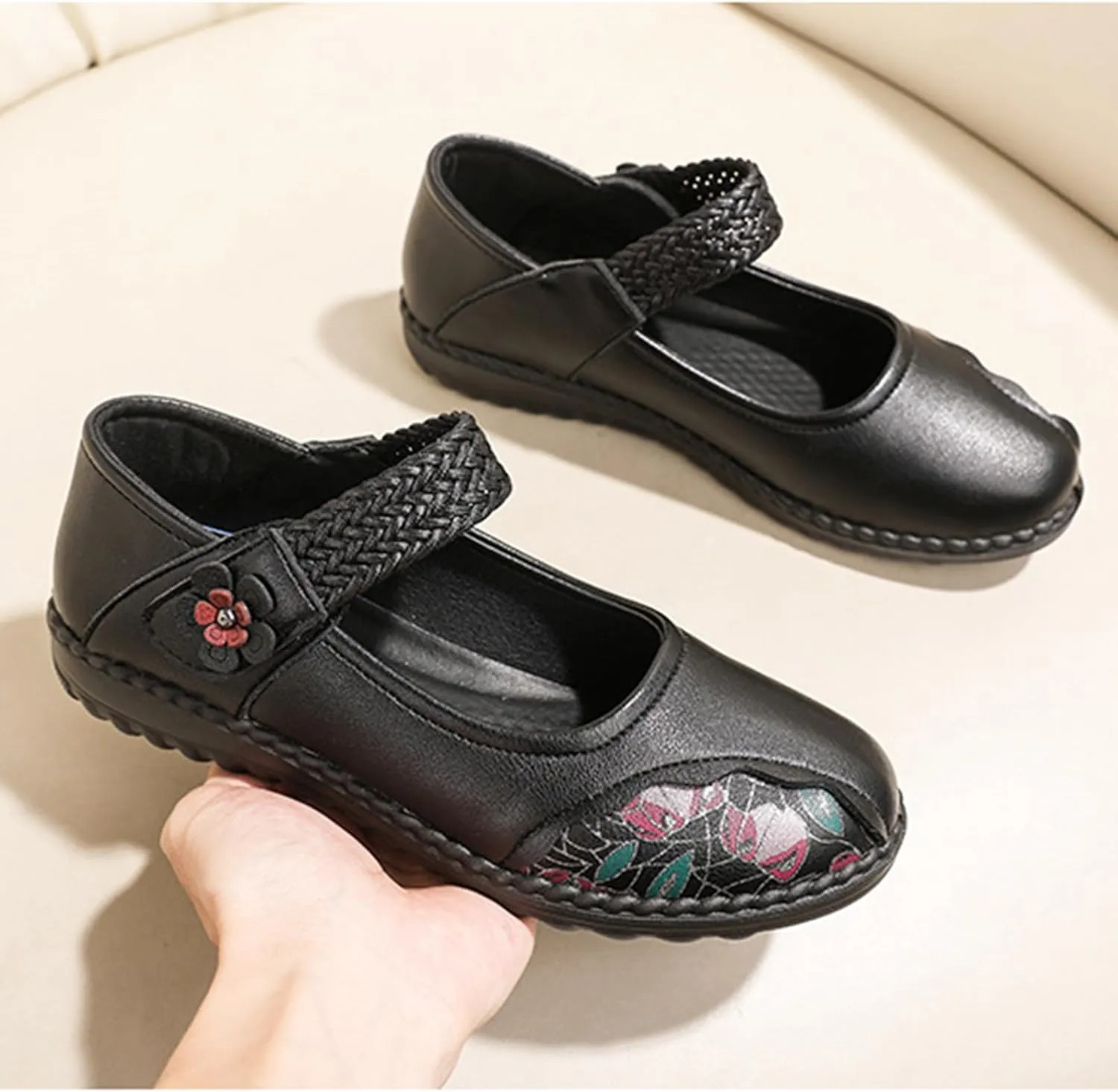 Women's Casual Leatehr Embroidery Mary Jane Flats Shoes,Comfort Round Toe Woven Hook & Loop Soft-Soled Walking Shoes,Lightweight Breathable Lug Sole Dance Shoes