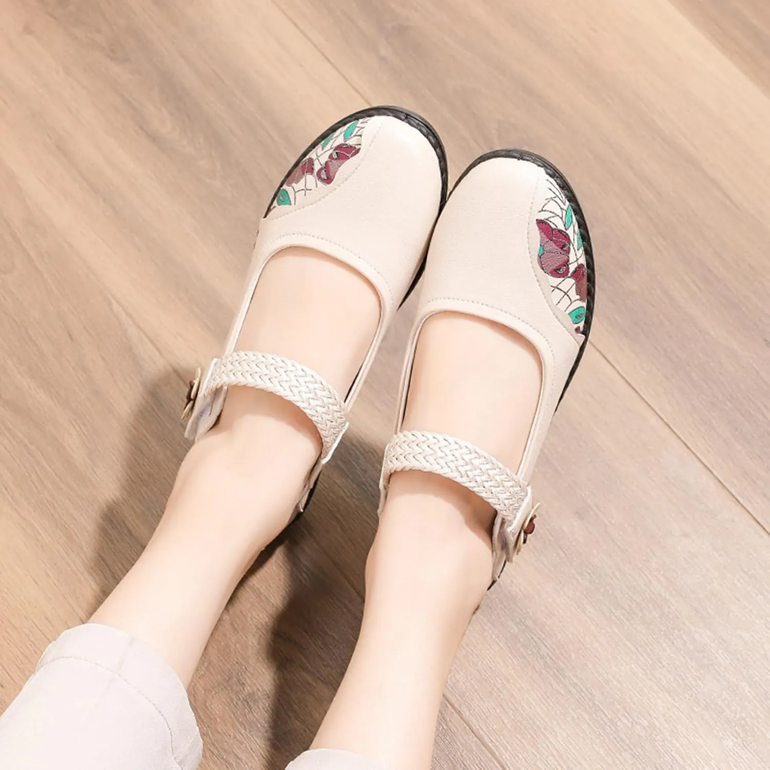 Women's Casual Leatehr Embroidery Mary Jane Flats Shoes,Comfort Round Toe Woven Hook & Loop Soft-Soled Walking Shoes,Lightweight Breathable Lug Sole Dance Shoes