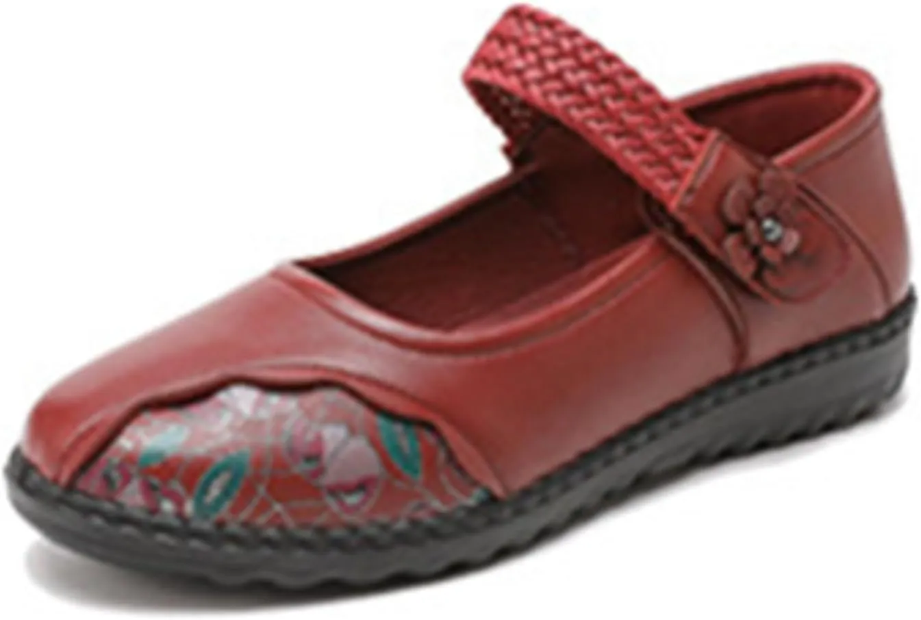 Women's Casual Leatehr Embroidery Mary Jane Flats Shoes,Comfort Round Toe Woven Hook & Loop Soft-Soled Walking Shoes,Lightweight Breathable Lug Sole Dance Shoes