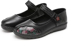 Women's Casual Leatehr Embroidery Mary Jane Flats Shoes,Comfort Round Toe Woven Hook & Loop Soft-Soled Walking Shoes,Lightweight Breathable Lug Sole Dance Shoes