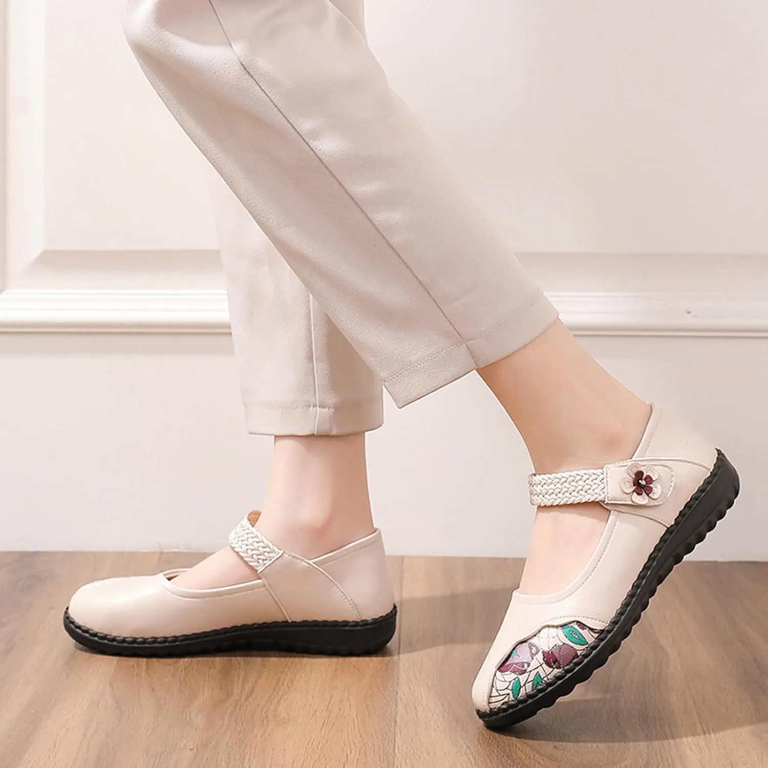 Women's Casual Leatehr Embroidery Mary Jane Flats Shoes,Comfort Round Toe Woven Hook & Loop Soft-Soled Walking Shoes,Lightweight Breathable Lug Sole Dance Shoes