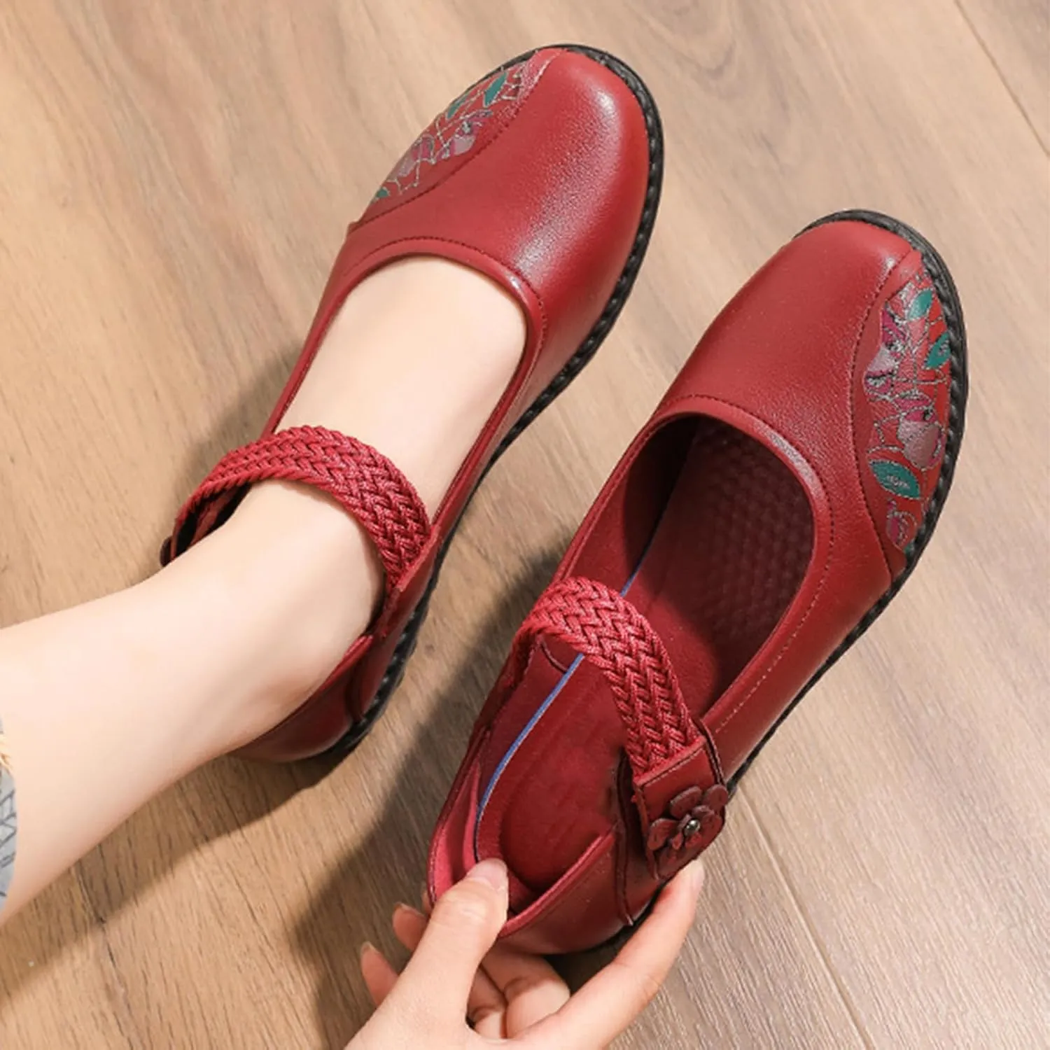 Women's Casual Leatehr Embroidery Mary Jane Flats Shoes,Comfort Round Toe Woven Hook & Loop Soft-Soled Walking Shoes,Lightweight Breathable Lug Sole Dance Shoes