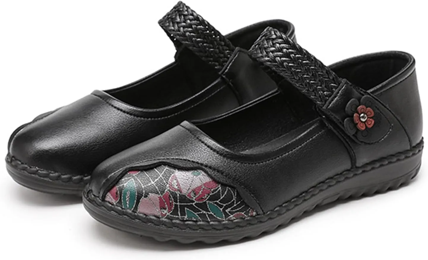 Women's Casual Leatehr Embroidery Mary Jane Flats Shoes,Comfort Round Toe Woven Hook & Loop Soft-Soled Walking Shoes,Lightweight Breathable Lug Sole Dance Shoes