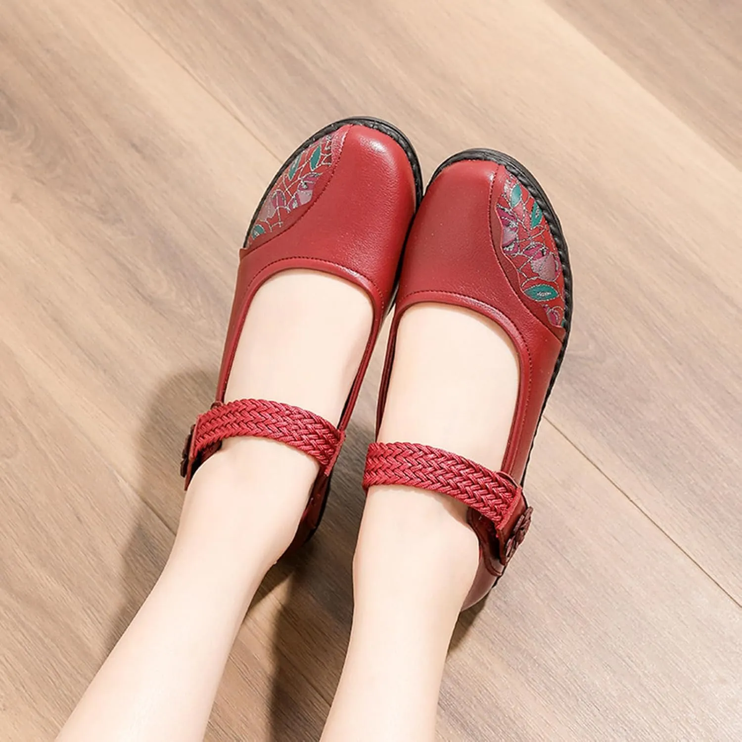Women's Casual Leatehr Embroidery Mary Jane Flats Shoes,Comfort Round Toe Woven Hook & Loop Soft-Soled Walking Shoes,Lightweight Breathable Lug Sole Dance Shoes