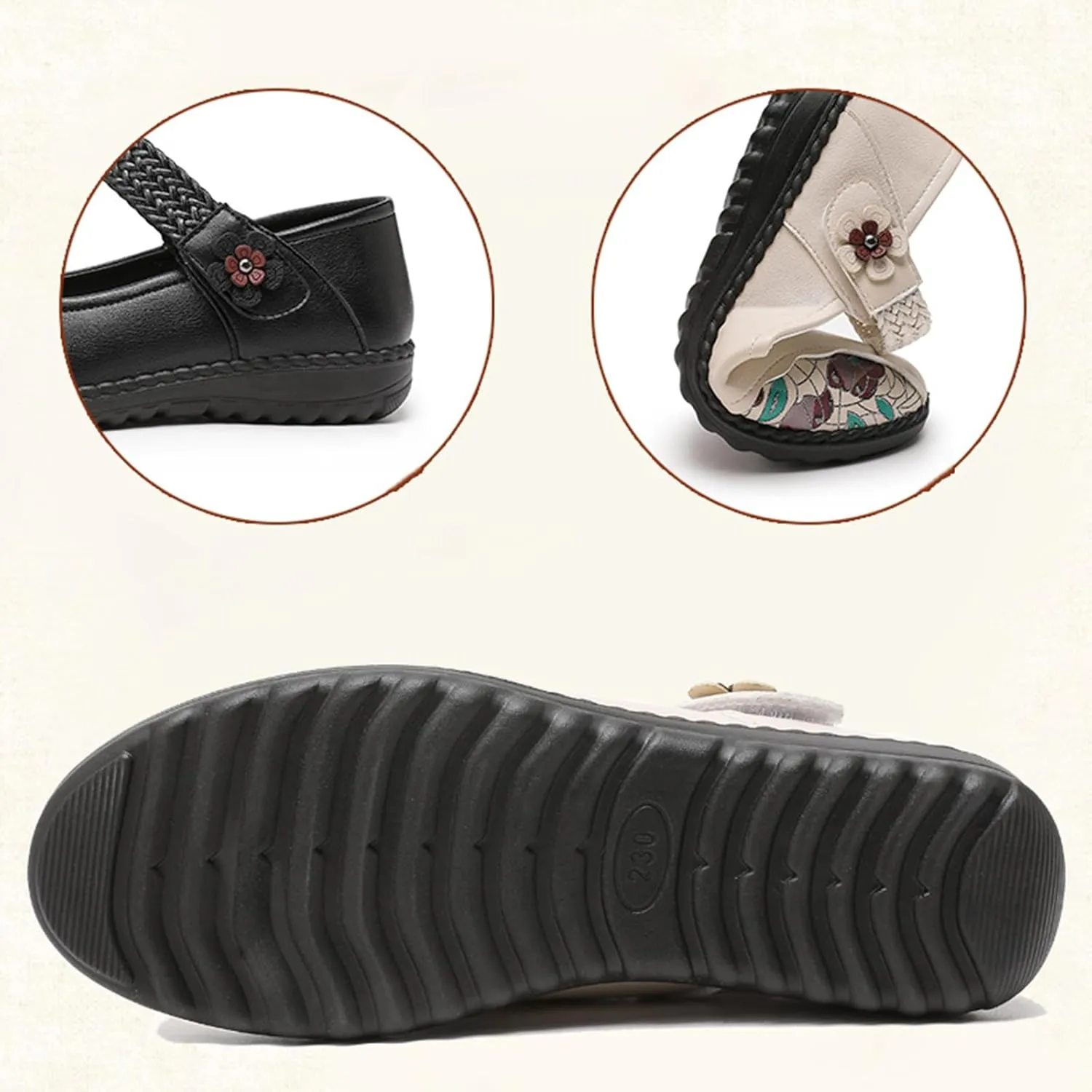 Women's Casual Leatehr Embroidery Mary Jane Flats Shoes,Comfort Round Toe Woven Hook & Loop Soft-Soled Walking Shoes,Lightweight Breathable Lug Sole Dance Shoes