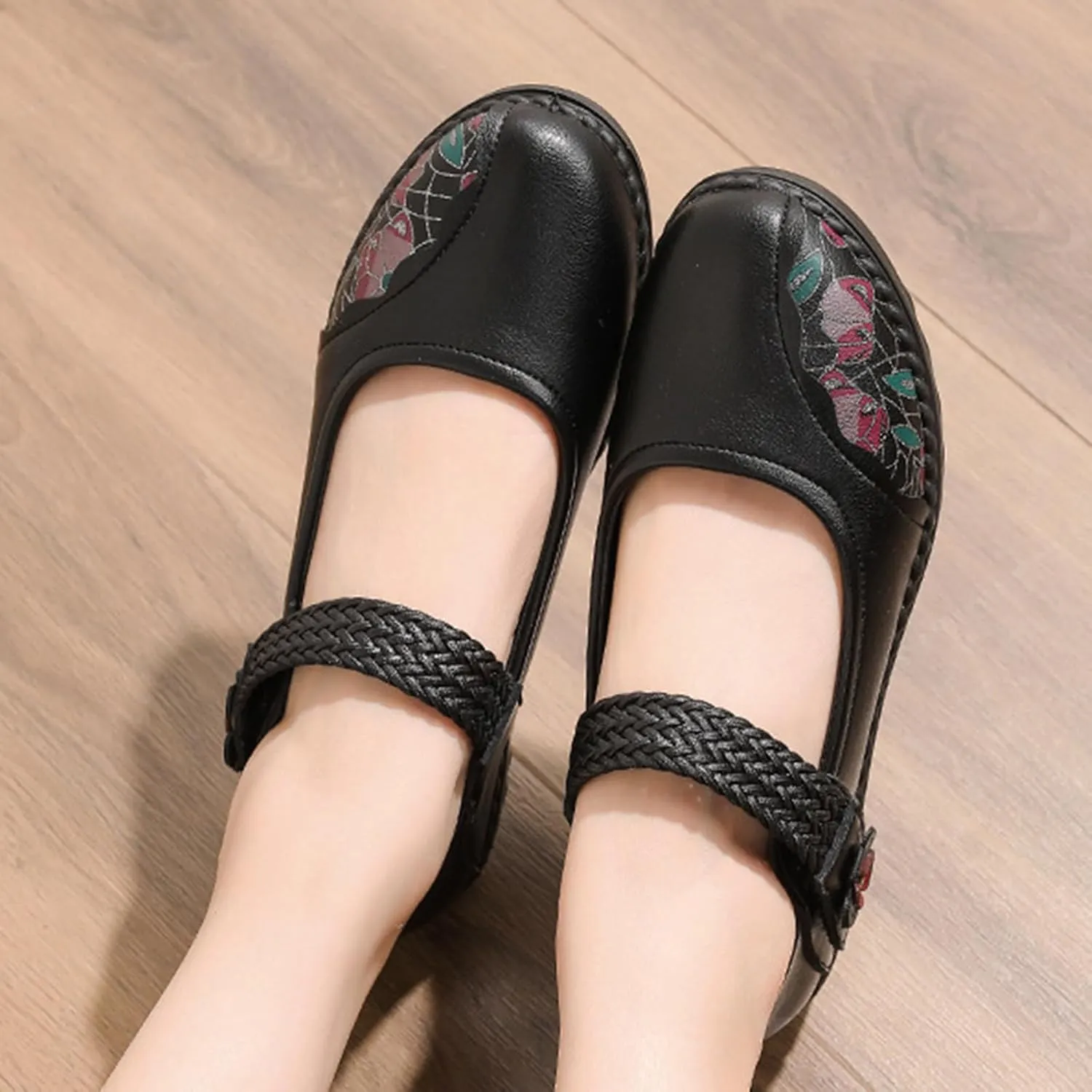 Women's Casual Leatehr Embroidery Mary Jane Flats Shoes,Comfort Round Toe Woven Hook & Loop Soft-Soled Walking Shoes,Lightweight Breathable Lug Sole Dance Shoes
