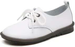 Women's Genuine Leather Lace-Up Soft Sole Flat Fashion Round Toe Handmade Lightweight Slip-On Flat Walking Shoes for Office Work