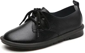 Women's Genuine Leather Lace-Up Soft Sole Flat Fashion Round Toe Handmade Lightweight Slip-On Flat Walking Shoes for Office Work
