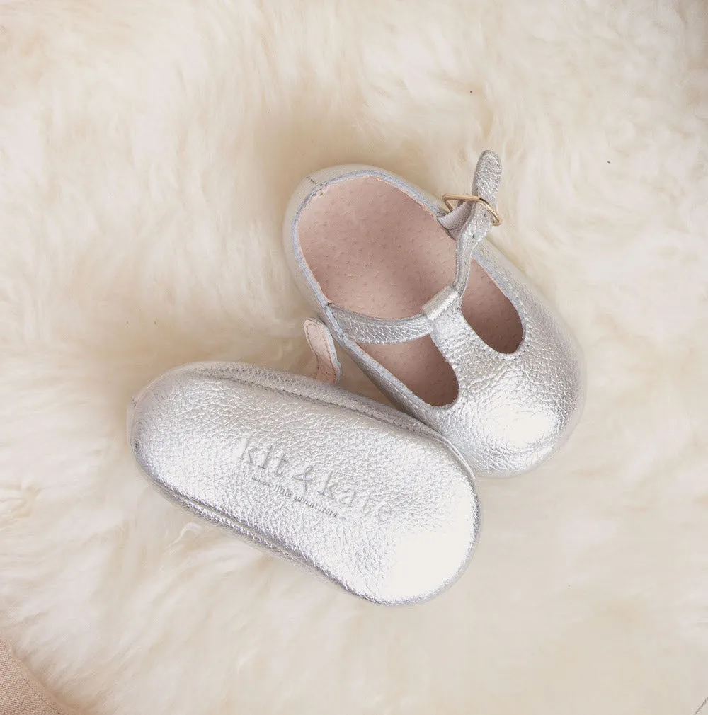 z Paris Leather Baby T-Bar Shoes in Silver
